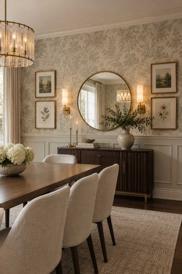 Dining room with toile pattern wallpaper