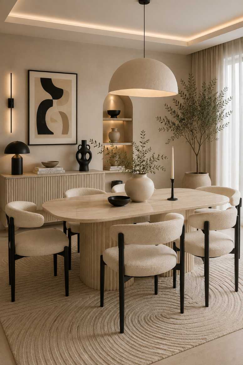 Dining room with travertine stone pedestal table