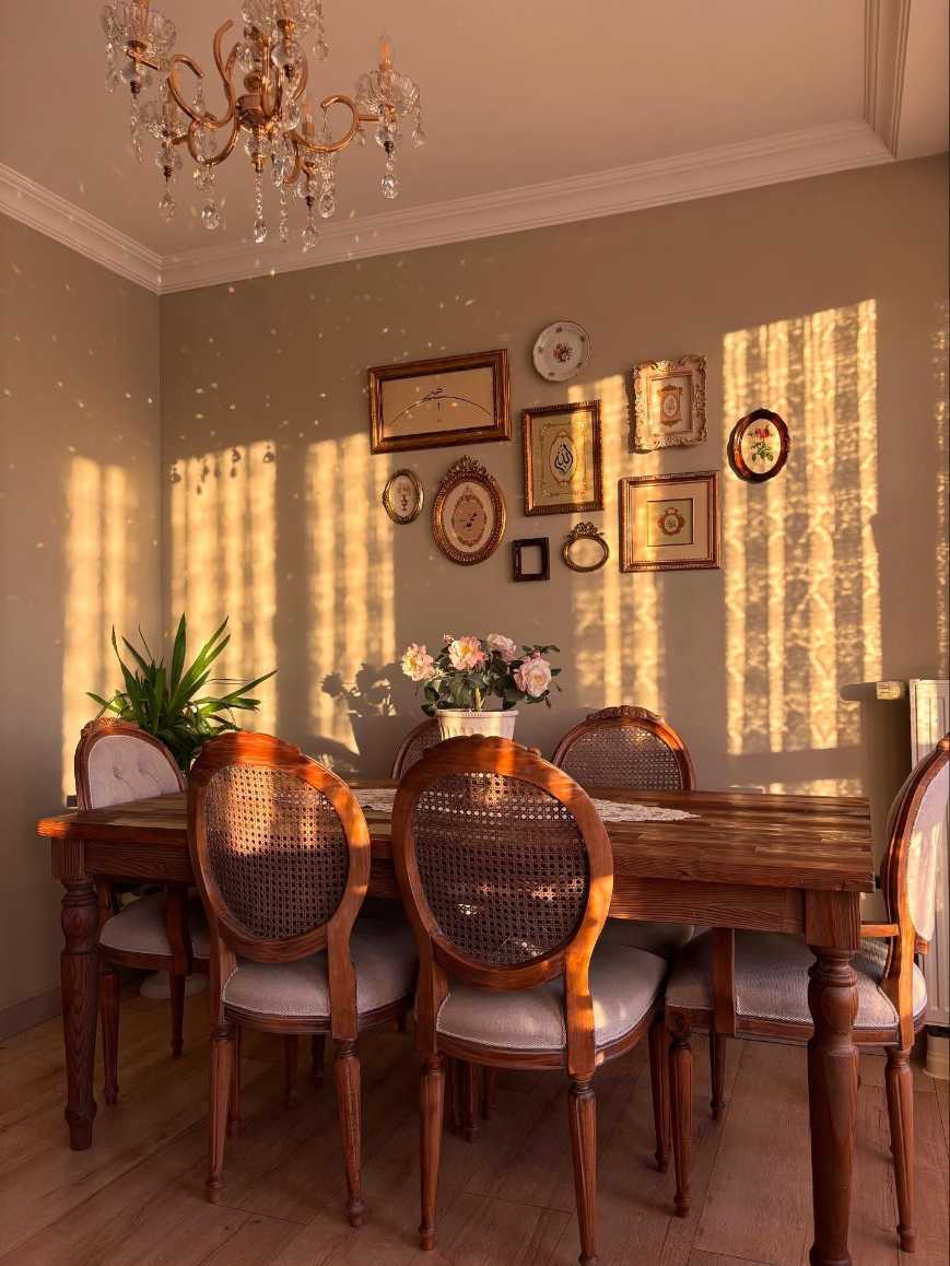 Dining table with vintage French cane back chairs