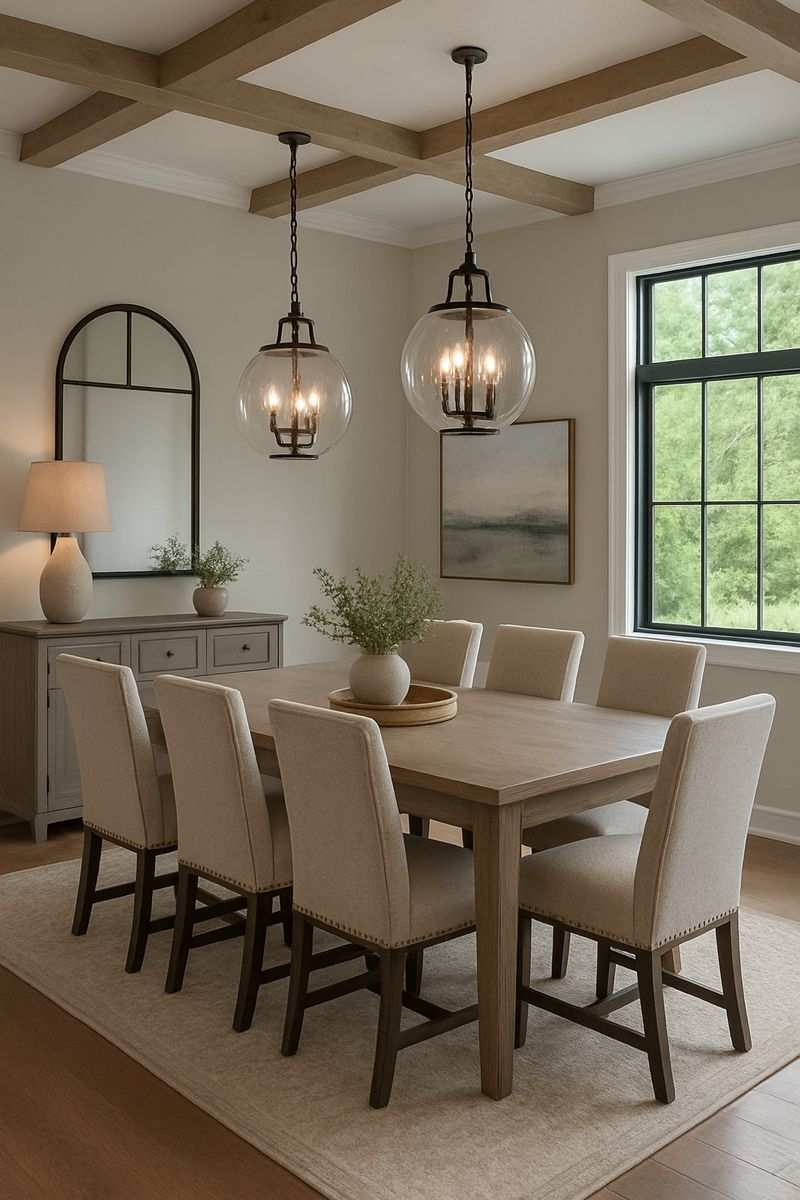 Dining room with exposed wood beams on ceiling