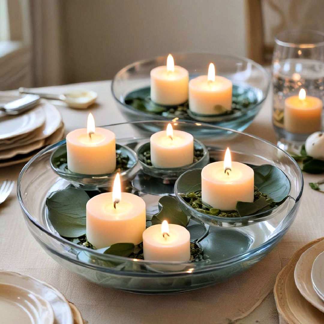 Coastal dining room table layered with round woven rattan chargers, white plates, and fresh eucalyptus garland.