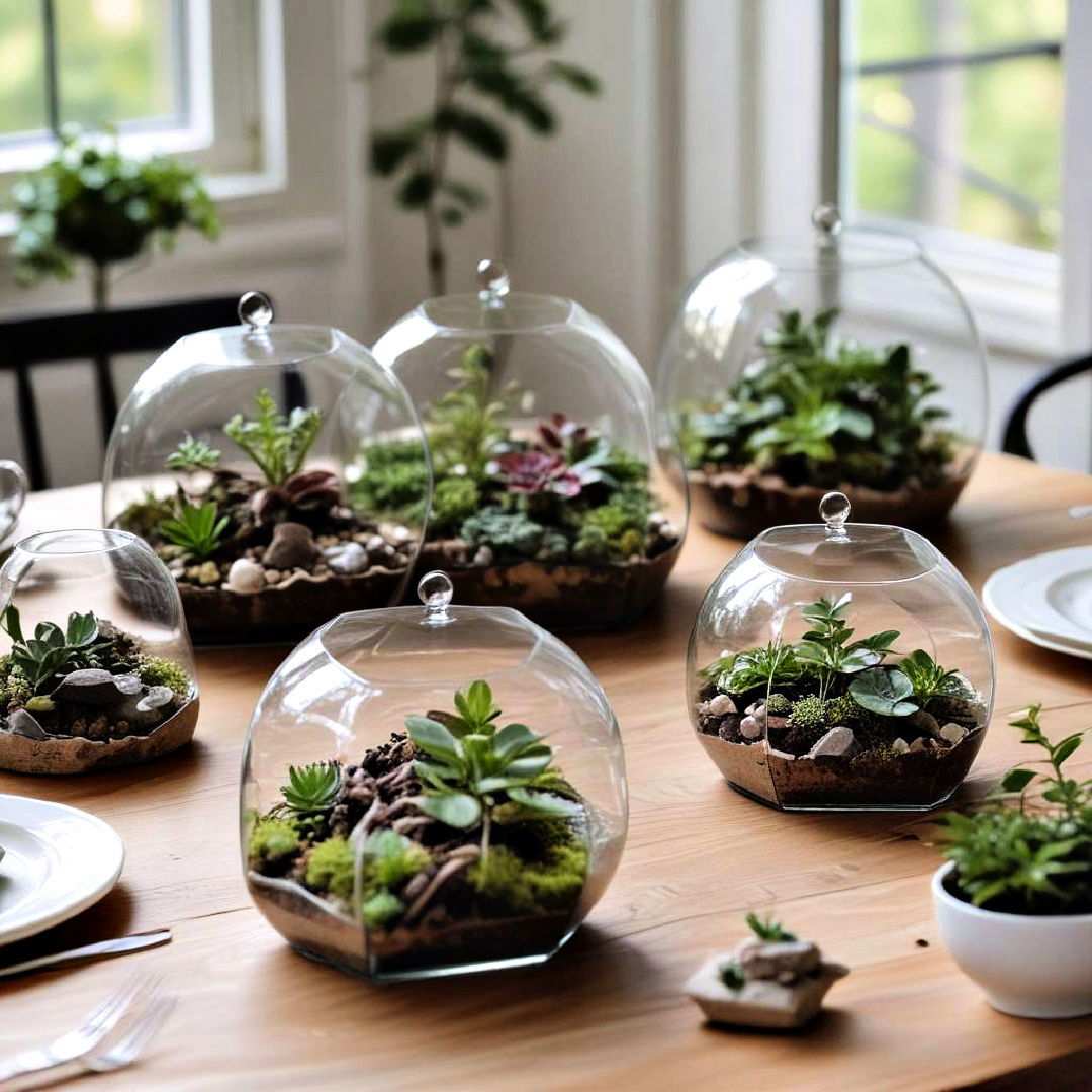 Contemporary dining room with fluted white marble centerpiece vessel holding delicate dried florals on dark table.