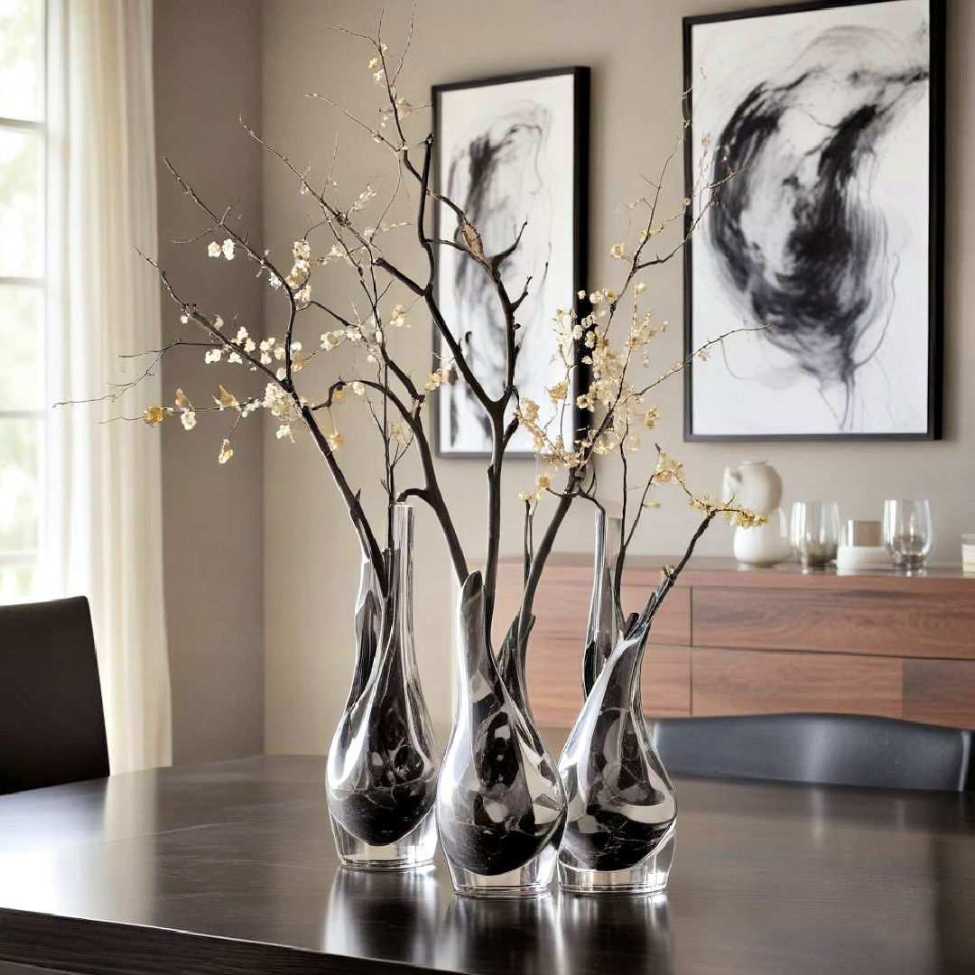 Scandinavian dining room table decorated with sugar pinecones, fresh spruce pine boughs, white pillar candles.