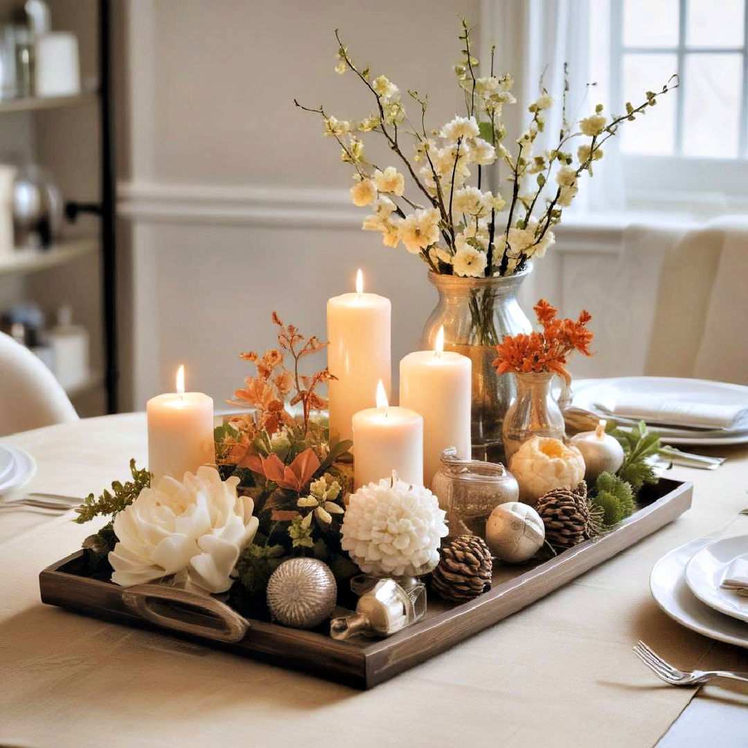 Modern dining room showing suspended dried floral cloud hanging over minimalist dining table with candles.