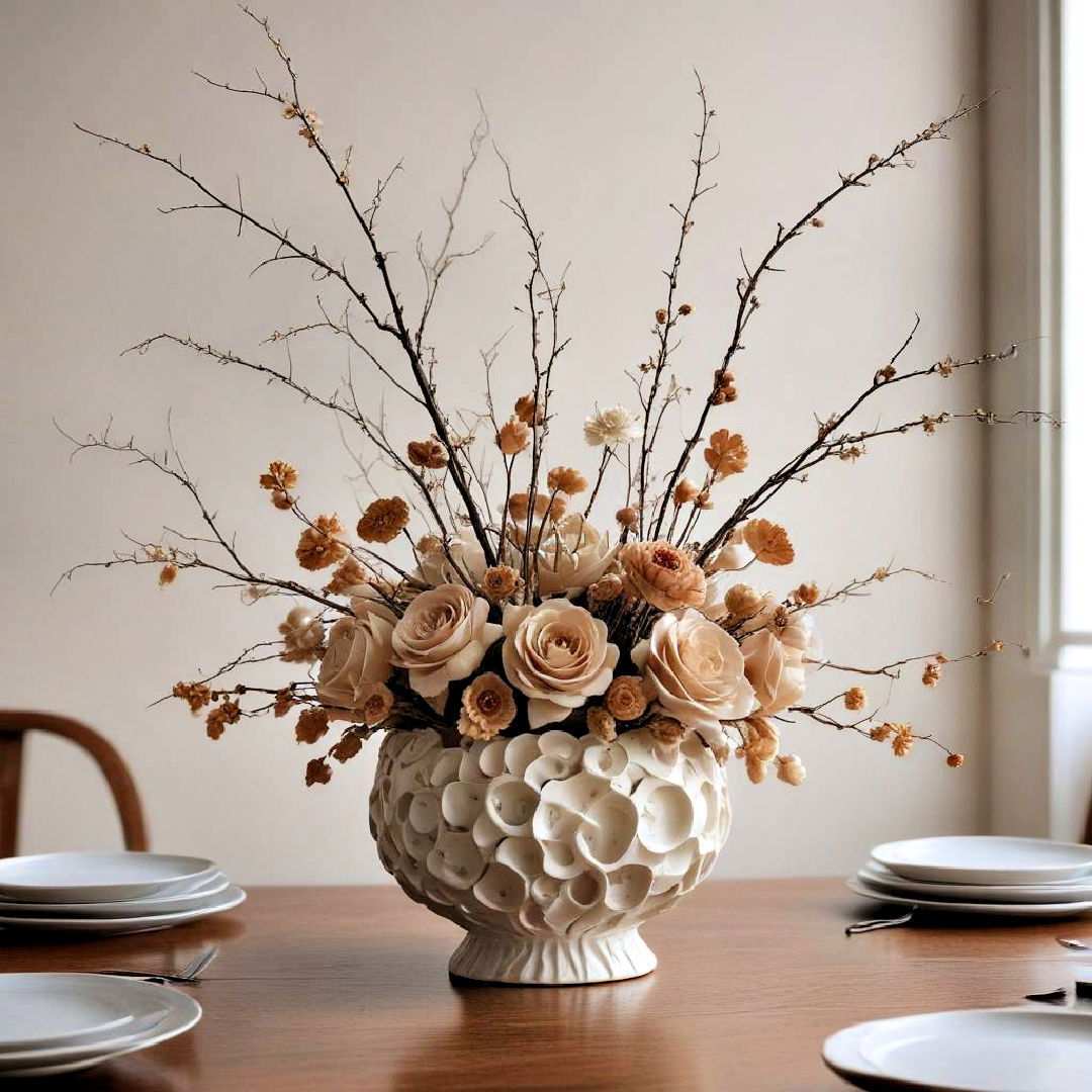 A black metal frame dining table with concrete decor pieces and amber glass.