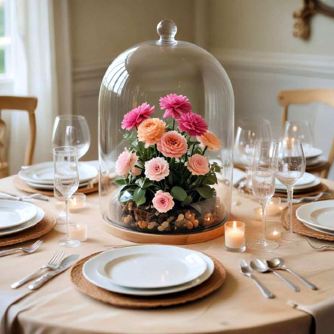 A walnut dining table styled with colorful geometric placemats and ceramic vases.