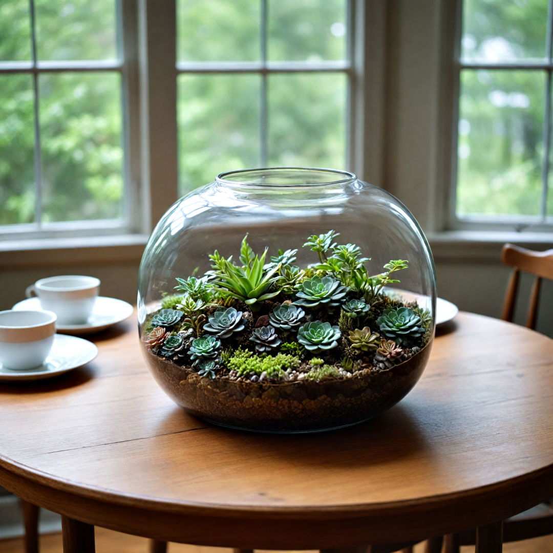 A bright dining room with a large white pitcher overflowing with garden flowers.