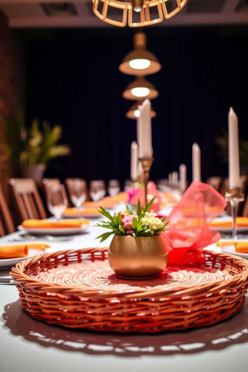 A dining table covered in gold ornaments and warm string lights.