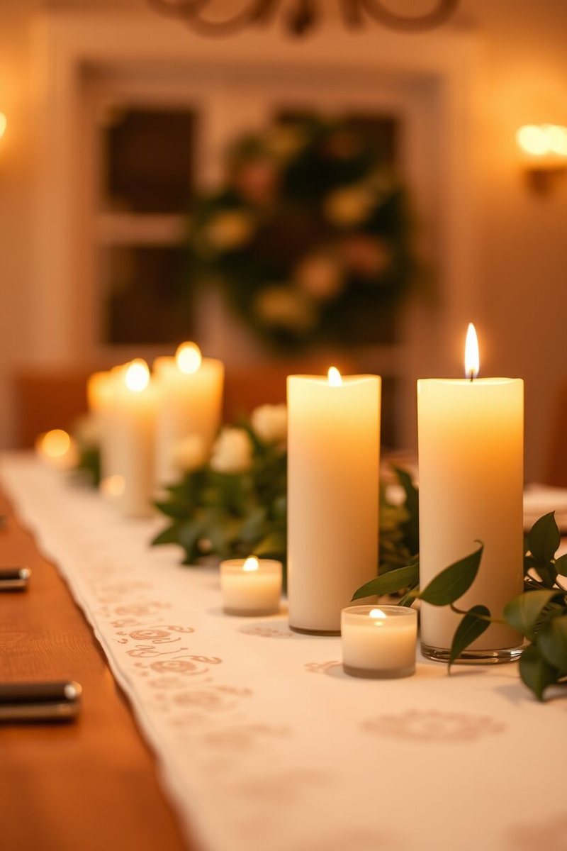 A dark wood table with exposed metal light bulbs and leather placemats.
