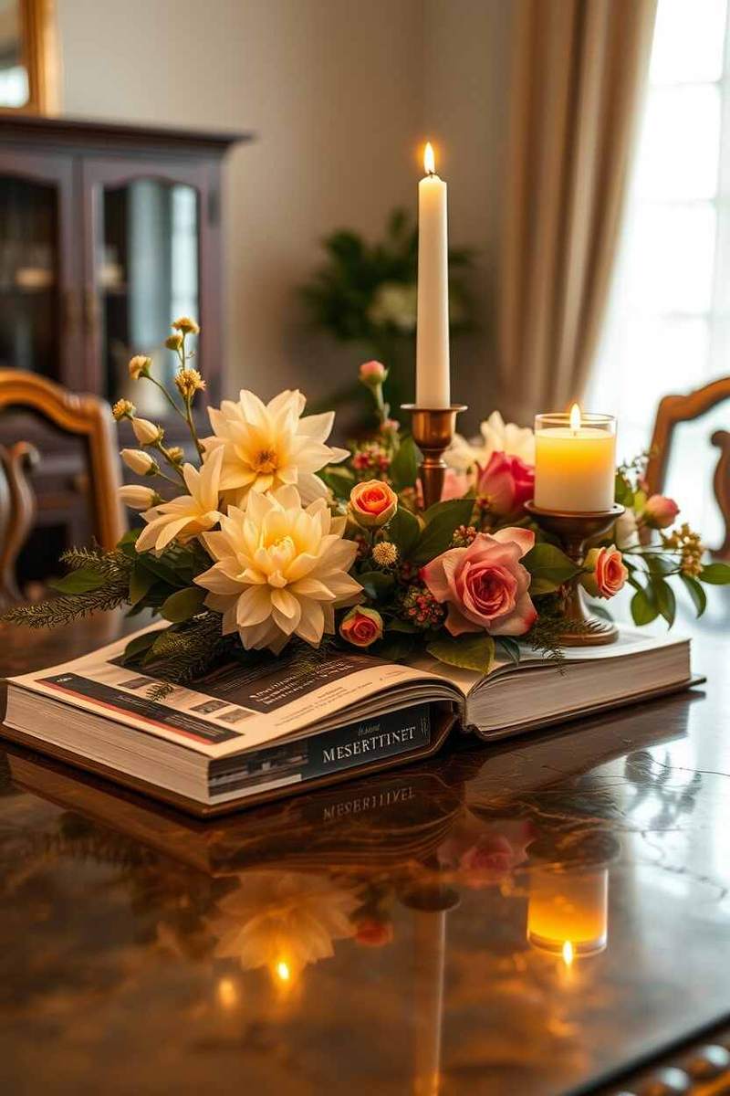 A table set with polished silver flatware and crystal vases.