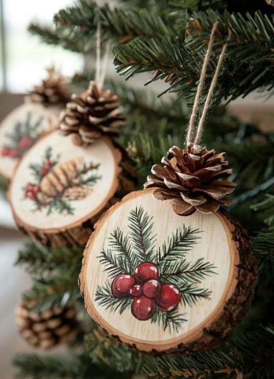 Organic dining room holiday display featuring dried citrus star anise wood slice ornaments and greenery 13 words