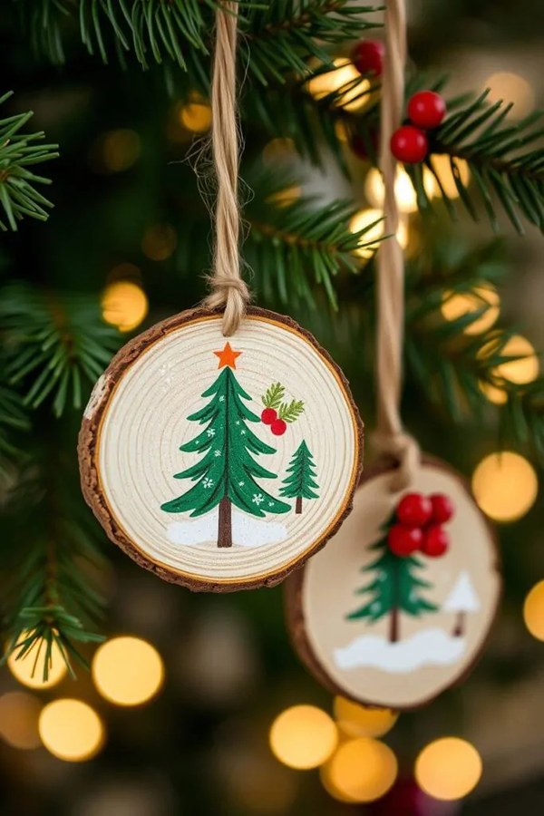Cozy bedroom holiday decor with stenciled Fair Isle sweater pattern wood slice ornaments and warm lighting 13 words