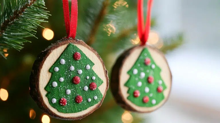 Minimalist Scandinavian nook with birch branch tree, resin wood slice ornaments, soft natural sunlight.