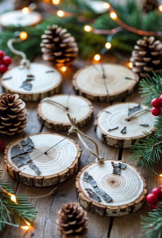 Entryway coat rack with wool pillows, stenciled wood slice ornaments, brass lanterns, warm lighting.
