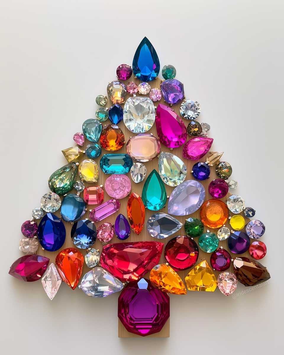 Amethyst purple gem christmas tree on grey linen dining table with soft LED warm lighting