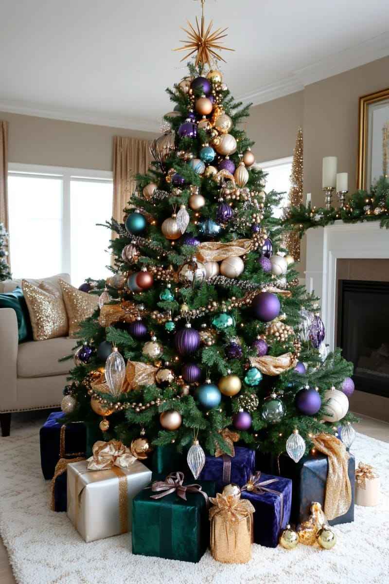 Blush pink rose gold gem christmas tree on white marble mantle with soft diffused candlelight
