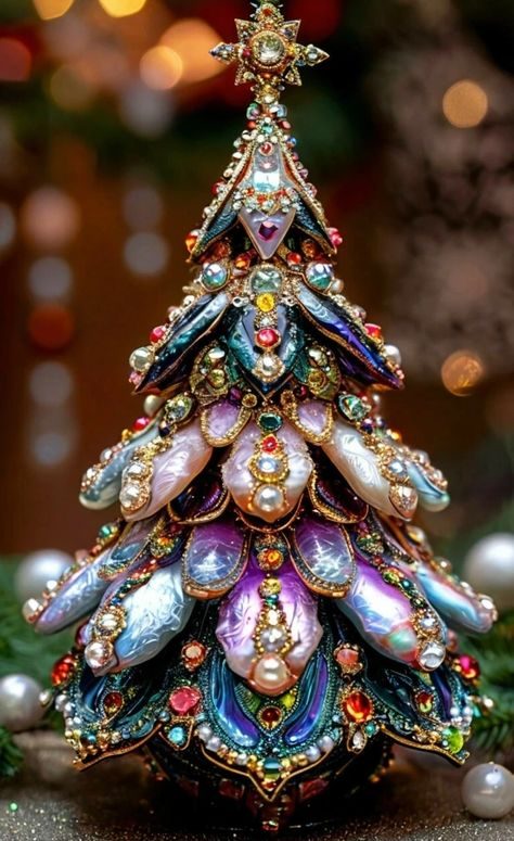 Eclectic mixed jewel tone gem christmas tree on rustic wooden credenza with warm glowing ambient lighting