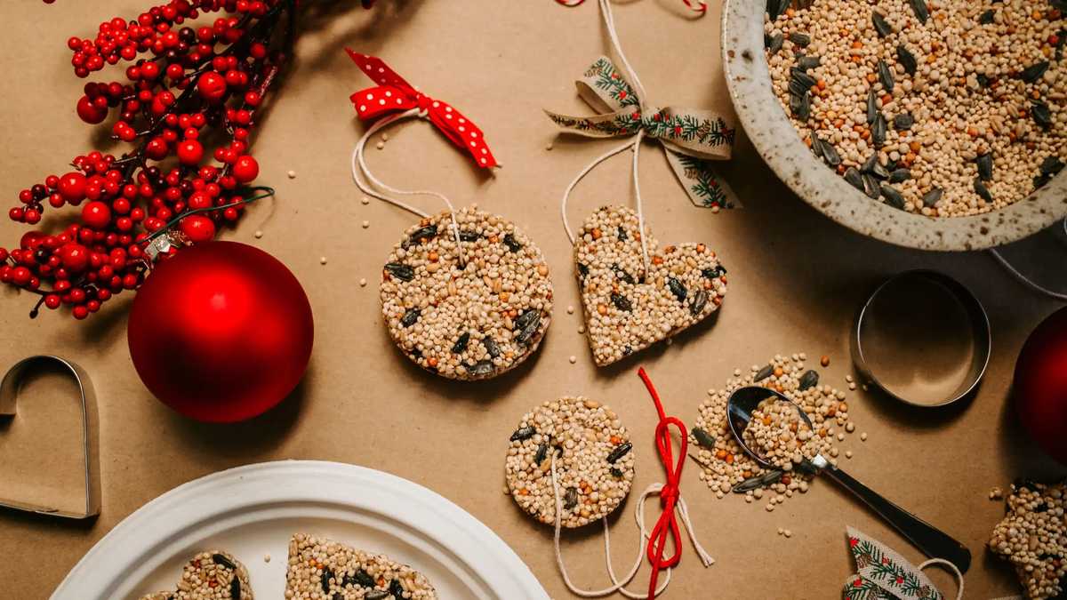 Dried citrus wheel filled with birdseed mixture hanging from a winter porch cedar garland.