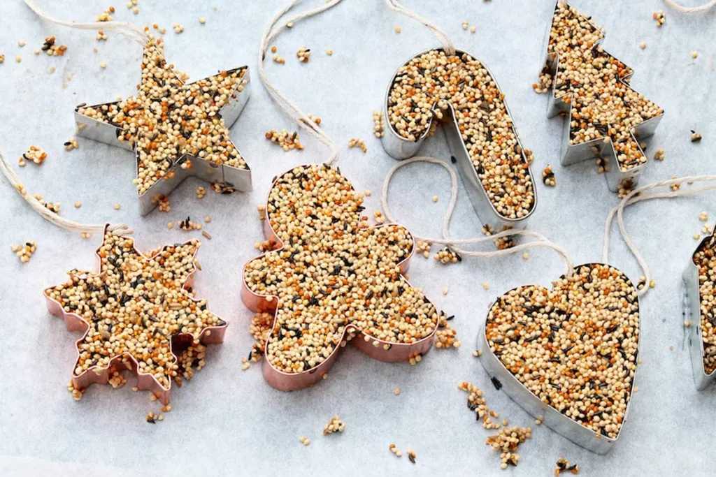 Sliced red apple rings stacked with peanut butter and rolled in birdseed hanging from a limb.