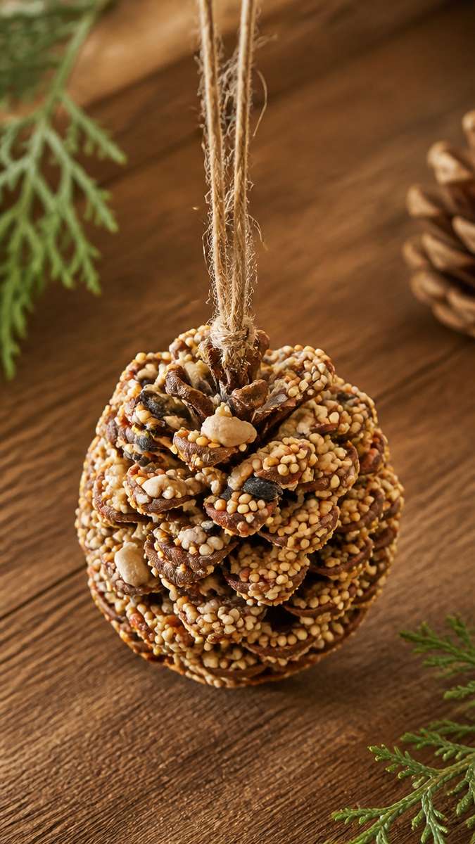 Dehydrated orange slices paired with round birdseed ornaments hanging on woven rattan sunroom display.