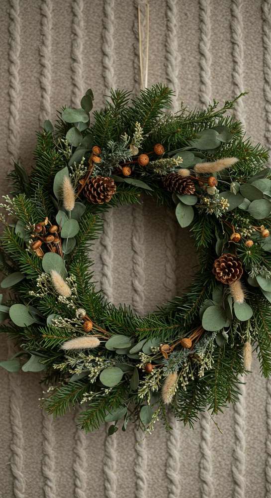 Modern boho fireplace mantle with wooden bead wreath, white bunny tails, terracotta vases, soft lamp lighting
