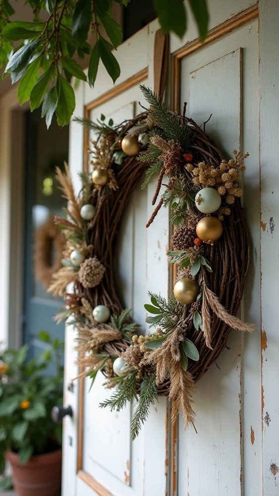 Boho dining space featuring oak table, wheat sheaf wreath with dried citrus, linen runner, warm pendant light