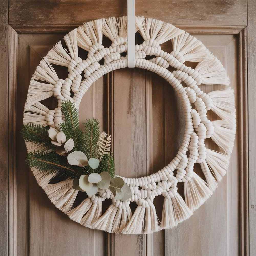Modern boho hallway, archway opening, crescent moon pampas grass wreath, low ambient lantern lighting.