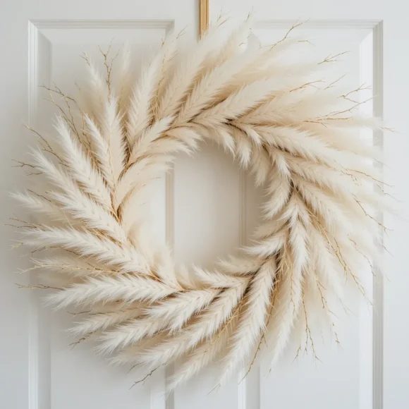 Boho bedroom styling with a rattan pinecone wreath hanging above a natural linen bed.