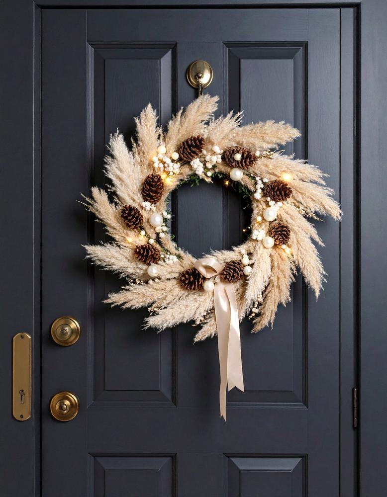 Cozy boho reading nook displaying a fragrant cinnamon wreath on a plastered wall with warm light.