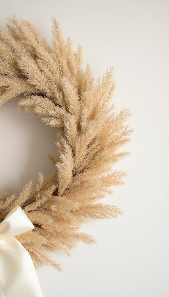 Scandi boho living room showing a woven jute wreath on a white floating wall shelf.