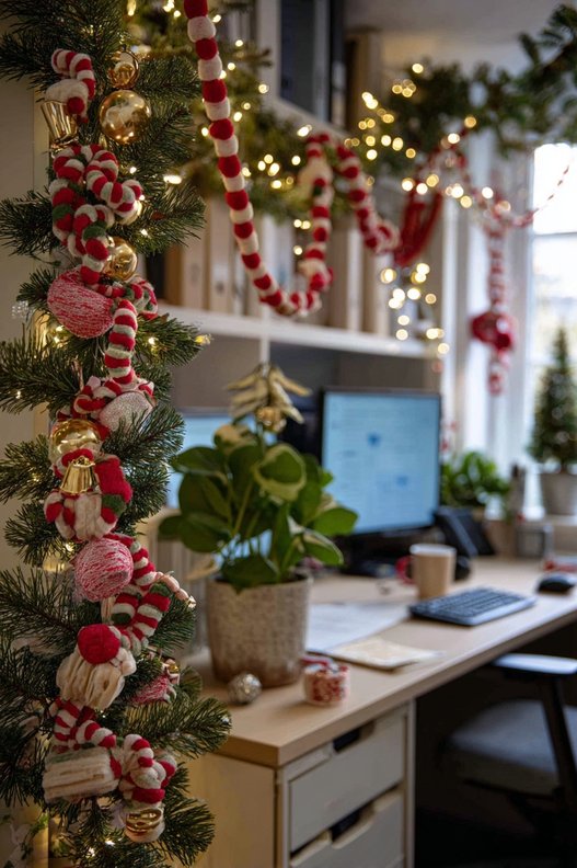 A dried eucalyptus and pine garland draped horizontally across the top of a glass partition.