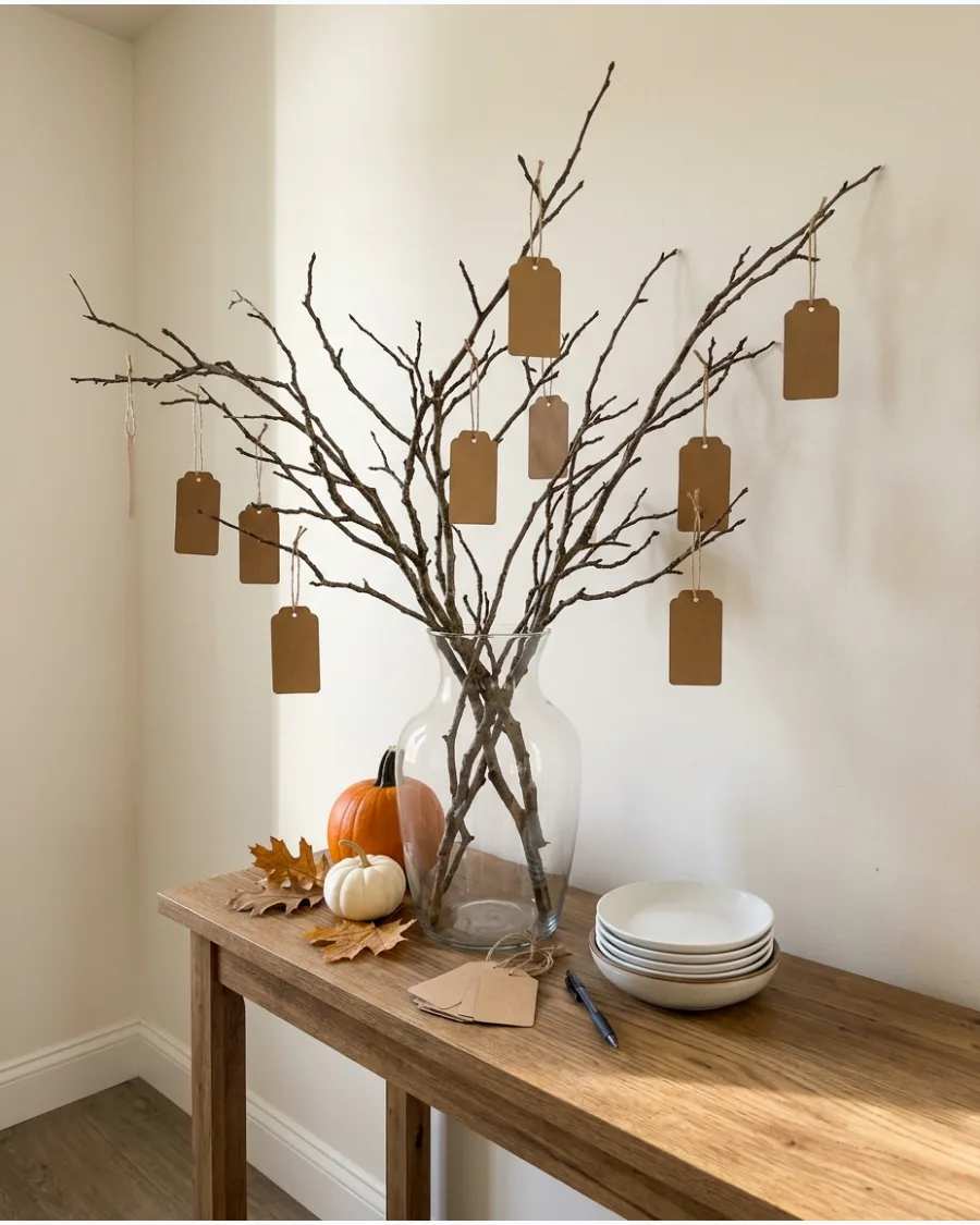 DIY gratitude tree with branches and kraft paper tags in a vase