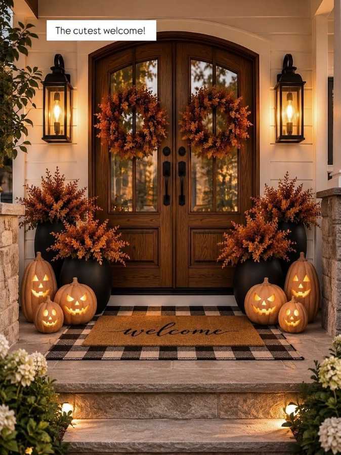 Double front doors with autumn wreaths and glowing pumpkins on the steps.