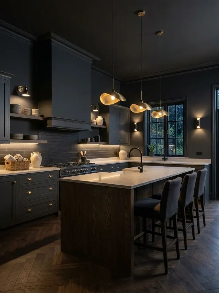 Moody kitchen with charcoal cabinets, dark concrete countertops, industrial pendant lighting, soft gray rug.