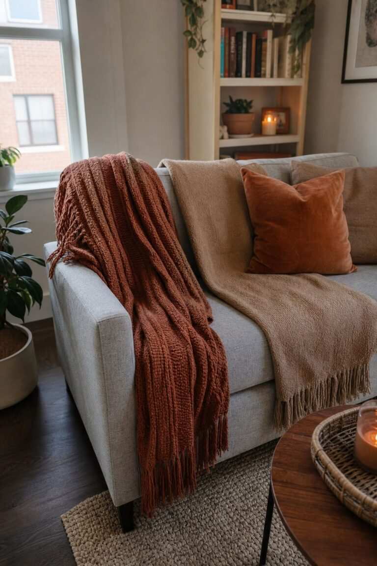 Rust and mustard throw blankets draped over grey sofa armrests soft texture