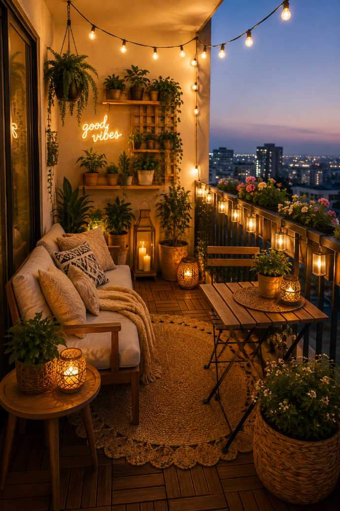 Dreamy balcony with a “Good Vibes” neon sign, pastel cushions, and soft string lighting.