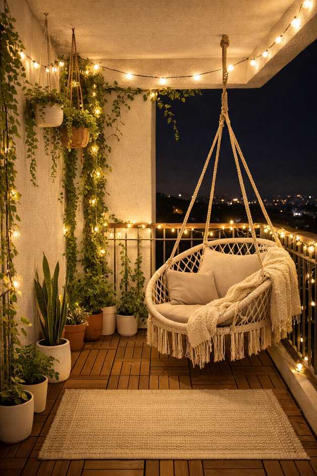 Boho balcony featuring a macramé hanging chair, layered fairy lights, and earthy poufs.
