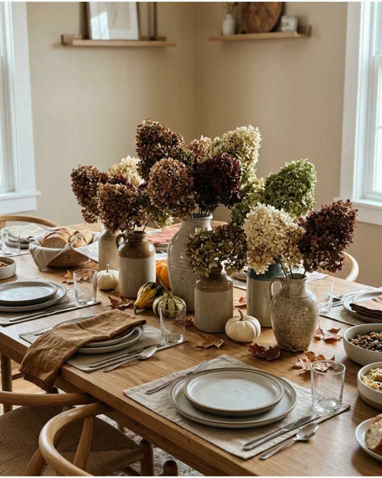 Dried hydrangea heads in vintage ceramic jugs on a wooden table