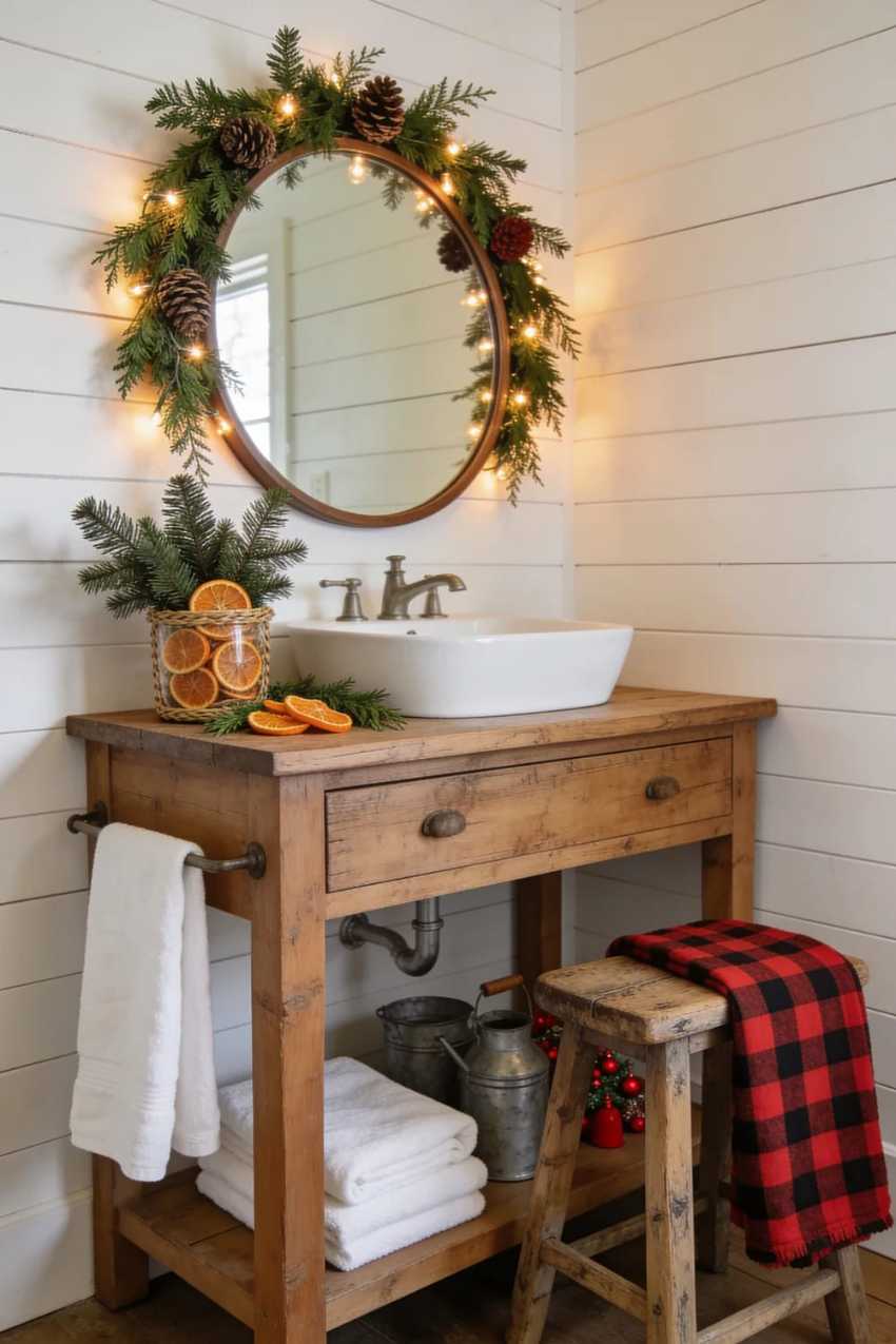 Dried oranges, cedar, white bathroom, rustic holiday accent, warm tones