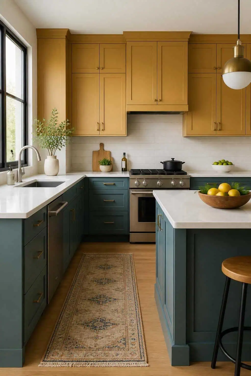 Kitchen design, dusty teal lower cabinets, muted mustard upper cabinets, copper lighting, concrete floor