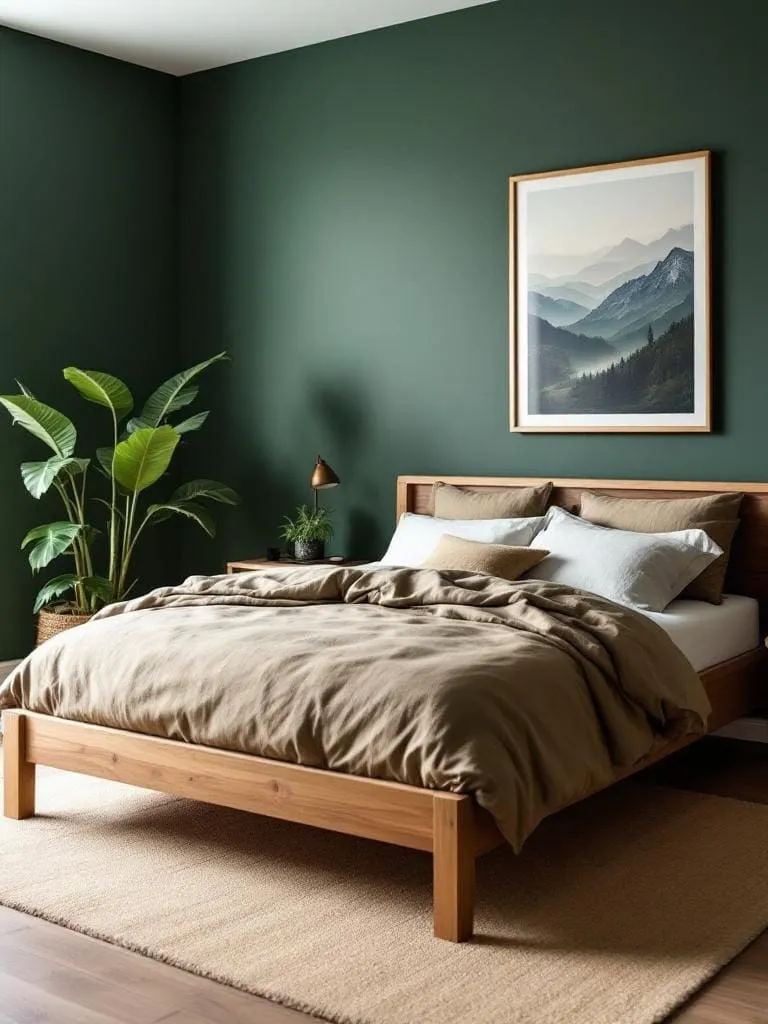 Earthy bedroom with a dark green accent wall, wooden platform bed, and natural textures.