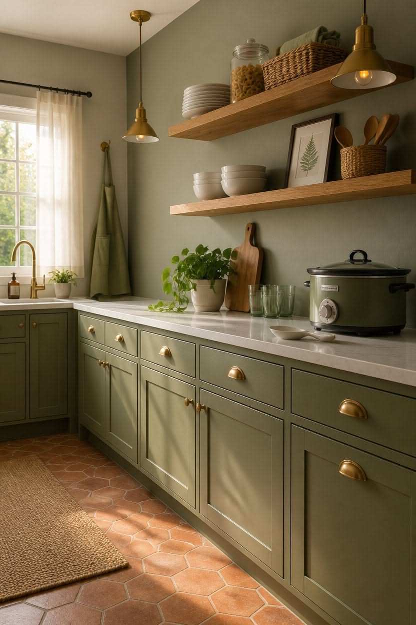 Olive green cabinets, terracotta hex floor tiles, natural wood accents, warm lighting.