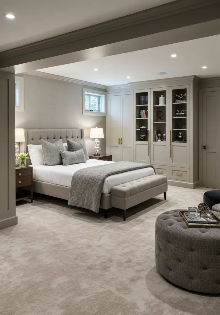 Basement guest suite with tufted bed headboard and elegant bedding