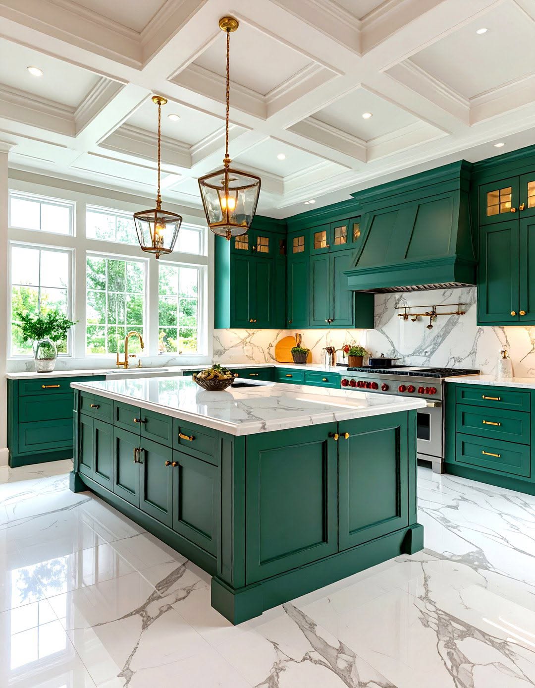 Emerald green cabinets, marble island, coffered ceiling, gold chandelier, luxe lighting.