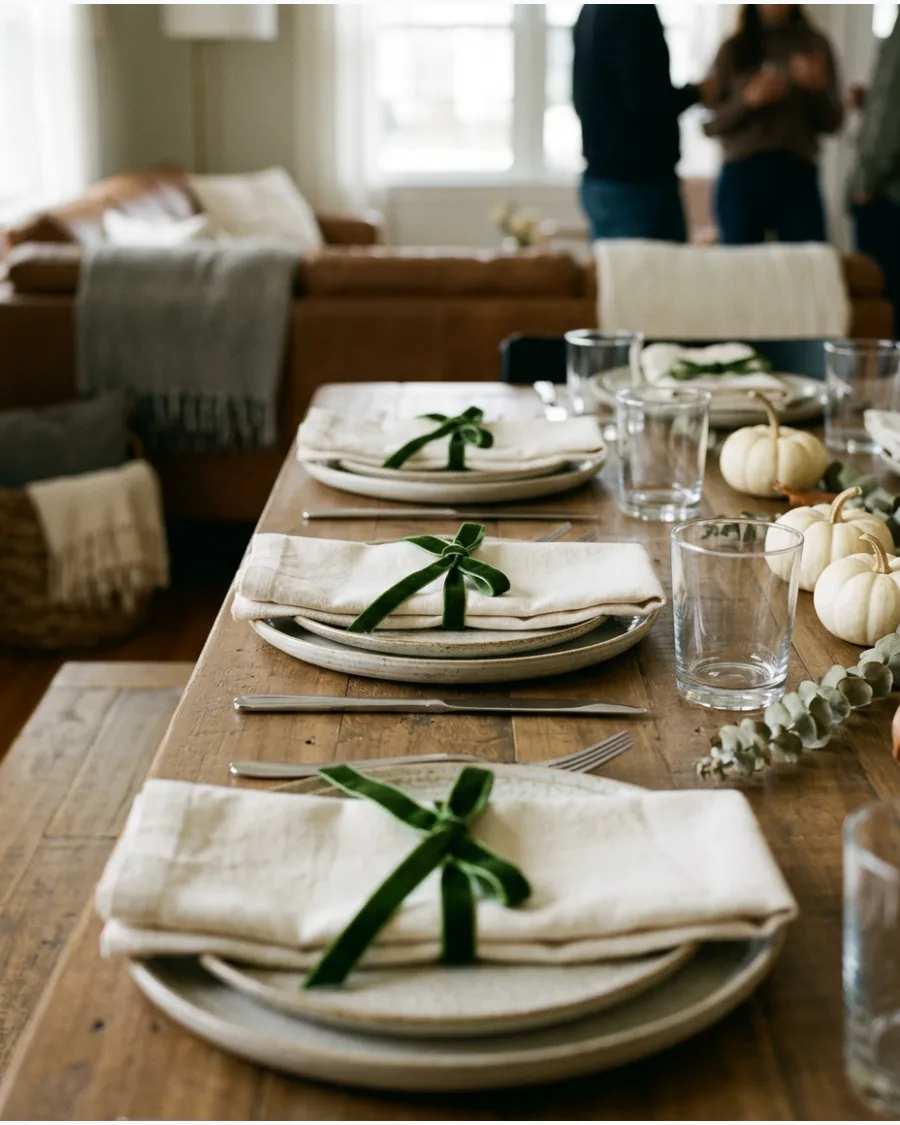 Emerald green velvet napkins tied with bows on white plates