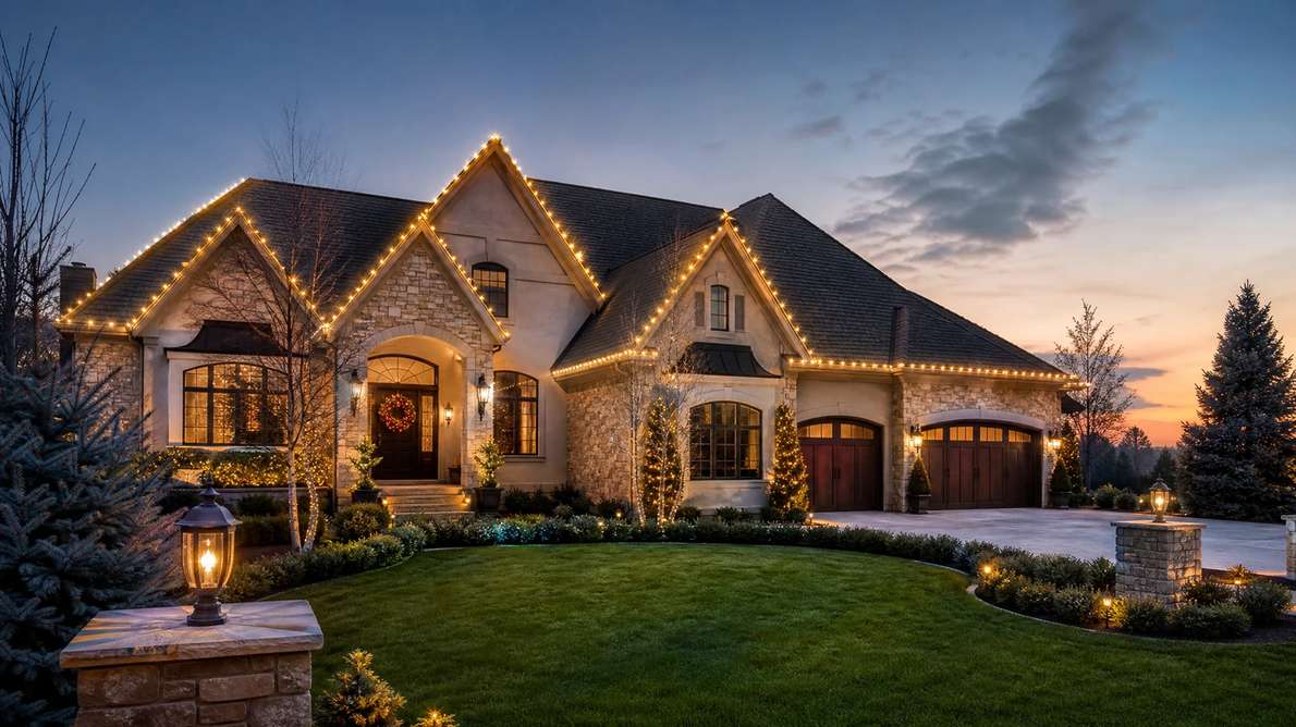 Grand double door entryway with balanced warm LED framing symmetrical evergreen wreaths
