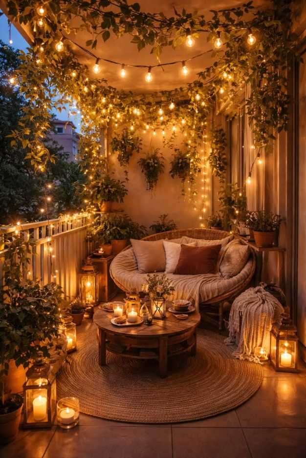 Enchanting balcony with a papasan chair, fairy light ivy canopy, and plush cushions.
