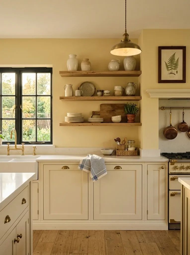Cozy cottage kitchen with cream walls, pastel blue cabinets, exposed wooden beams, vintage copper kettle.