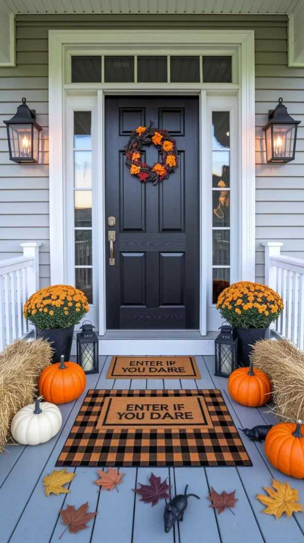 Front porch with an enter if you dare doormat, hay bales, and pumpkins.