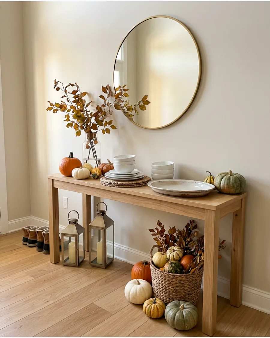 Entryway console table with pumpkins and lanterns and a welcome mat